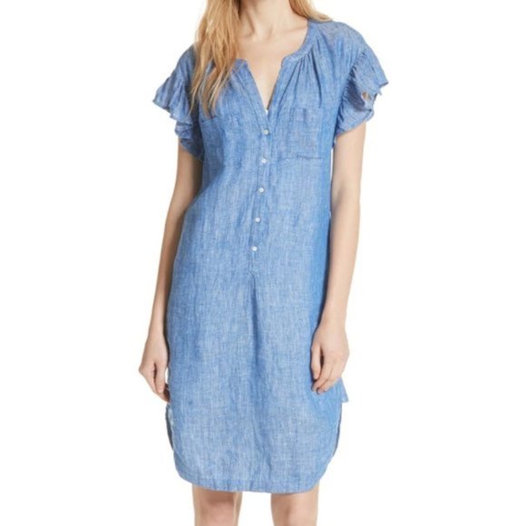Joie Dresses & Skirts - Joie Fermina Blue Linen Ruffle Sleeve Dress Size S
